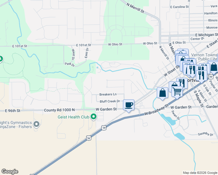 map of restaurants, bars, coffee shops, grocery stores, and more near 703 Lighthouse Drive in Fortville