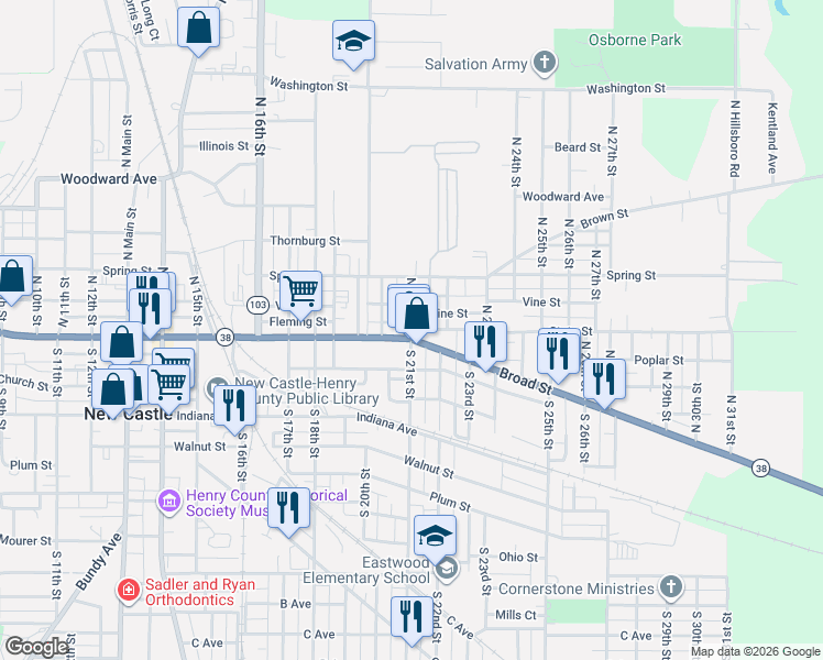 map of restaurants, bars, coffee shops, grocery stores, and more near 2100 State Street in New Castle