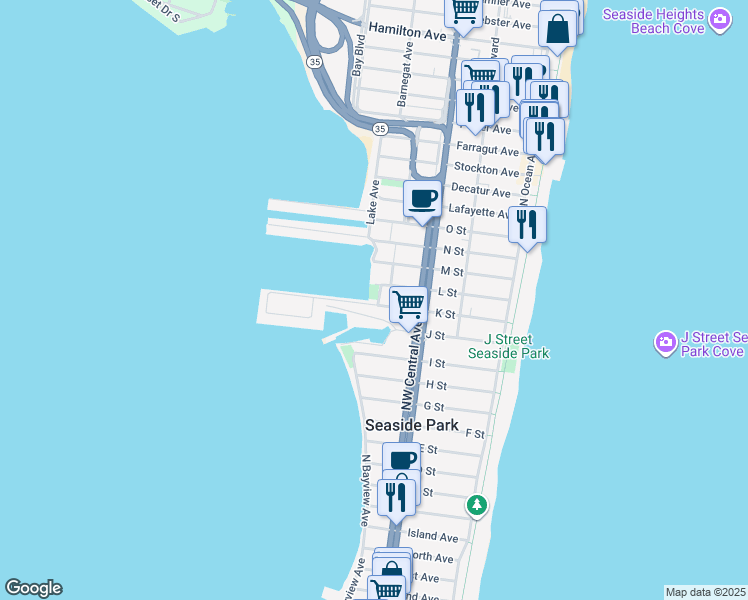 map of restaurants, bars, coffee shops, grocery stores, and more near 140 K Street in Seaside Park