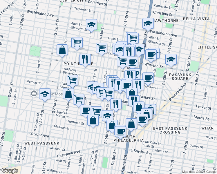 map of restaurants, bars, coffee shops, grocery stores, and more near 1537 South Chadwick Street in Philadelphia