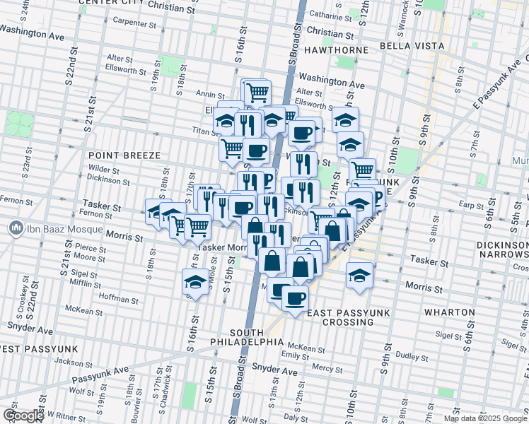 map of restaurants, bars, coffee shops, grocery stores, and more near 1508 S Broad St in Philadelphia