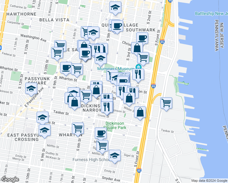 map of restaurants, bars, coffee shops, grocery stores, and more near 333 Earp Street in Philadelphia