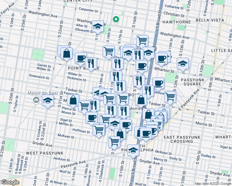 map of restaurants, bars, coffee shops, grocery stores, and more near 1537 South Chadwick Street in Philadelphia