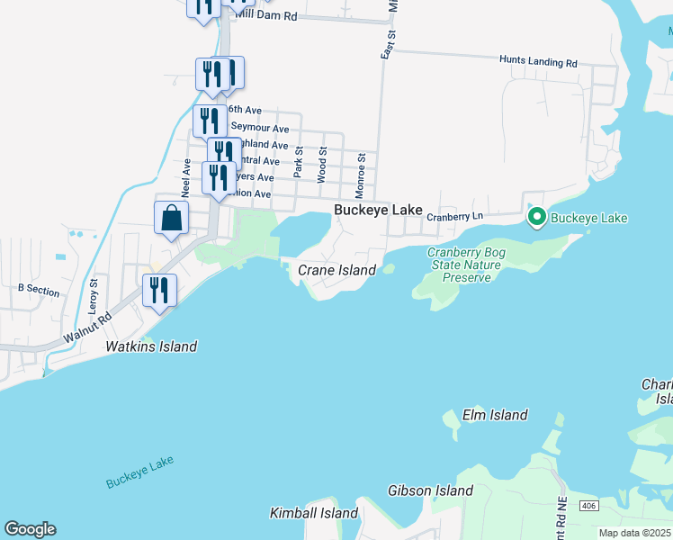 map of restaurants, bars, coffee shops, grocery stores, and more near 80 Klotz Avenue in Buckeye Lake
