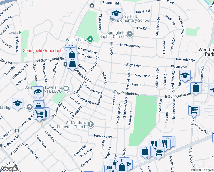 map of restaurants, bars, coffee shops, grocery stores, and more near 285 School Lane in Springfield