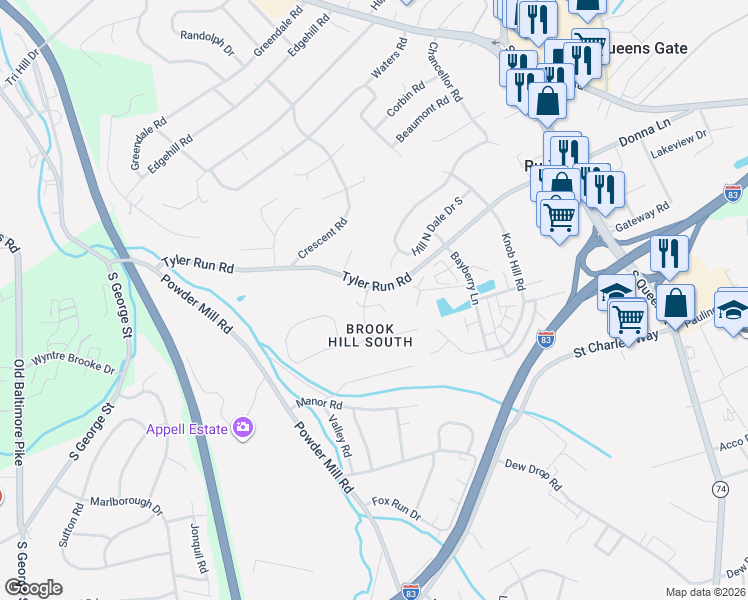 map of restaurants, bars, coffee shops, grocery stores, and more near 2100 South Brook Drive in York