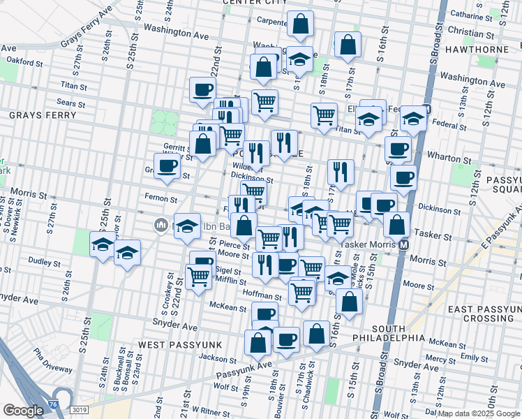 map of restaurants, bars, coffee shops, grocery stores, and more near 1930 Tasker Street in Philadelphia