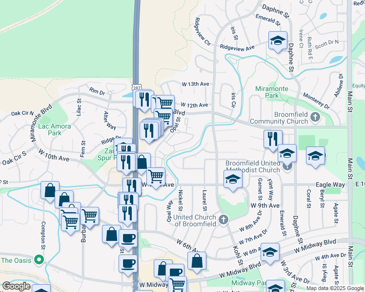 map of restaurants, bars, coffee shops, grocery stores, and more near 1138 Opal Street in Broomfield