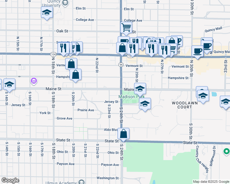 map of restaurants, bars, coffee shops, grocery stores, and more near 2314 Maine Street in Quincy