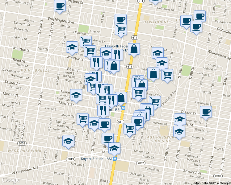 map of restaurants, bars, coffee shops, grocery stores, and more near 1517 South 15th Street in Philadelphia