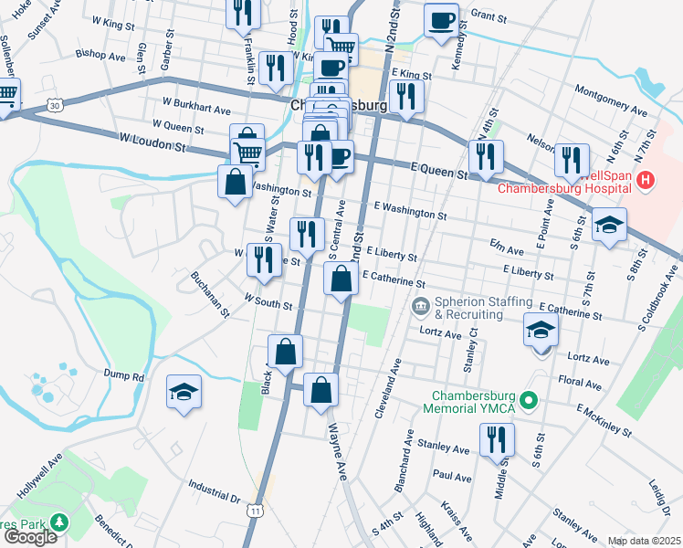 map of restaurants, bars, coffee shops, grocery stores, and more near 166 East Catherine Street in Chambersburg