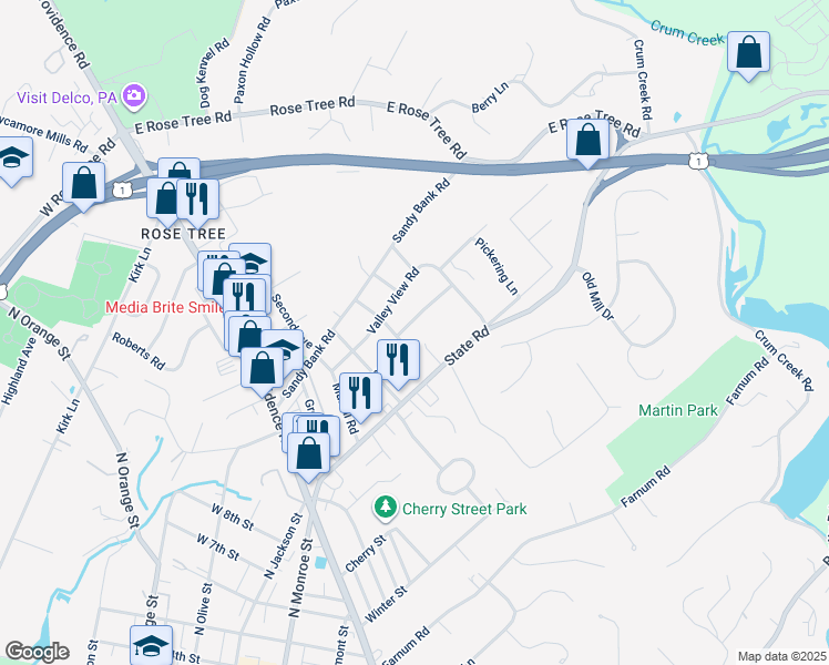 map of restaurants, bars, coffee shops, grocery stores, and more near 311 Summit Road in Media