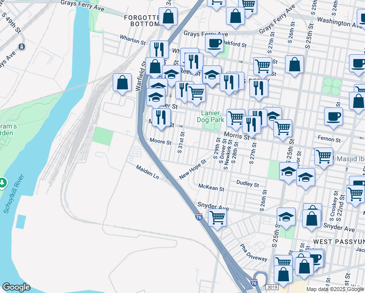 map of restaurants, bars, coffee shops, grocery stores, and more near 1801 South 31st Street in Philadelphia