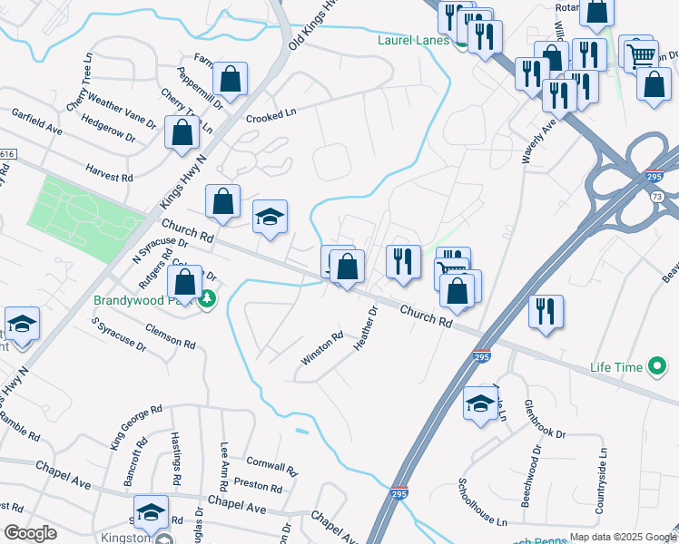map of restaurants, bars, coffee shops, grocery stores, and more near 25 South Church Road in Maple Shade