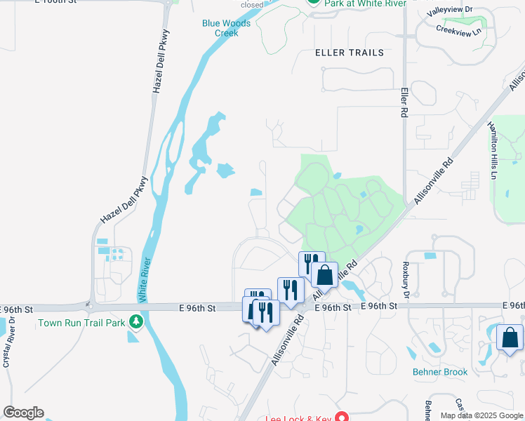 map of restaurants, bars, coffee shops, grocery stores, and more near 9622 Allisonville Road in Indianapolis