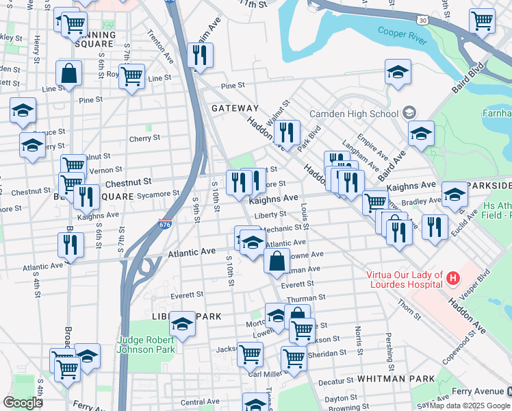 map of restaurants, bars, coffee shops, grocery stores, and more near 1124 Kaighns Avenue in Camden