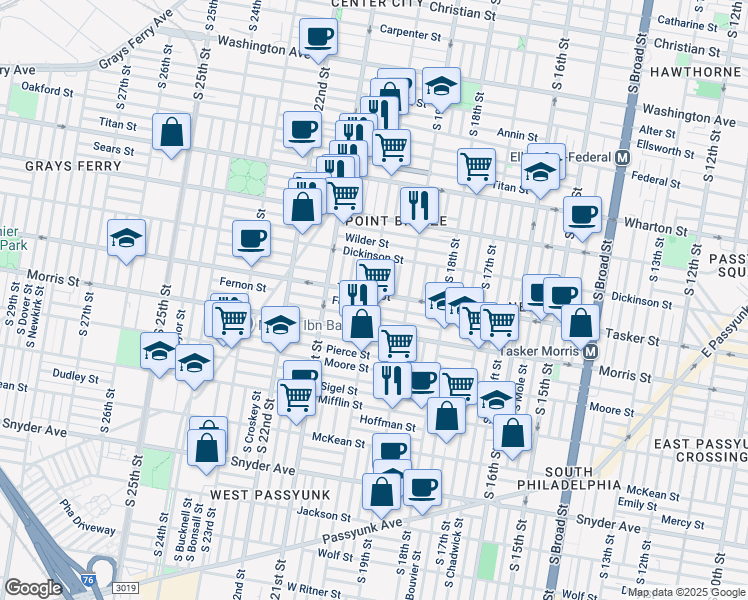 map of restaurants, bars, coffee shops, grocery stores, and more near 1606 South 20th Street in Philadelphia