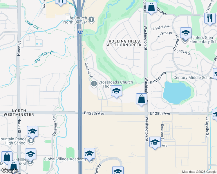 map of restaurants, bars, coffee shops, grocery stores, and more near 12943 Grant Circle East in Thornton
