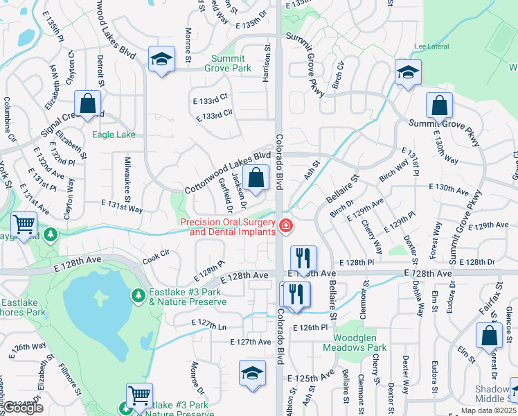 map of restaurants, bars, coffee shops, grocery stores, and more near 3840 Dyanna Drive in Thornton