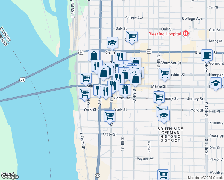 map of restaurants, bars, coffee shops, grocery stores, and more near 57 South 4th Street in Quincy
