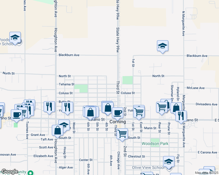map of restaurants, bars, coffee shops, grocery stores, and more near 409 4th Street in Corning