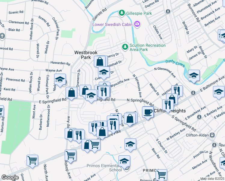 map of restaurants, bars, coffee shops, grocery stores, and more near 257 Revere Road in Clifton Heights