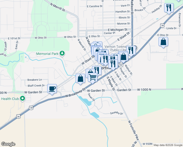 map of restaurants, bars, coffee shops, grocery stores, and more near 300 Baker Court in Fortville