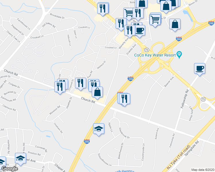 map of restaurants, bars, coffee shops, grocery stores, and more near 159 Waverly Avenue in Mount Laurel