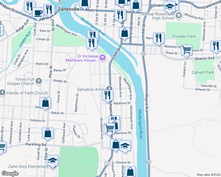 map of restaurants, bars, coffee shops, grocery stores, and more near 199 Jefferson Street in Zanesville