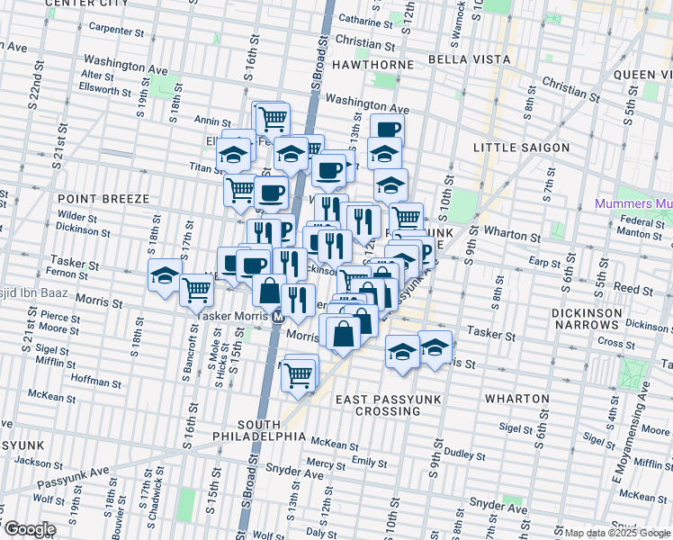 map of restaurants, bars, coffee shops, grocery stores, and more near 1449 South 13th Street in Philadelphia