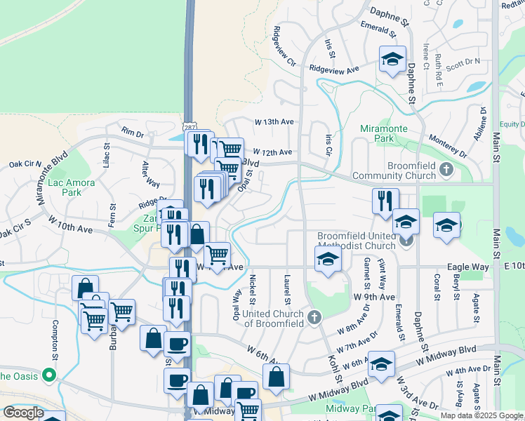map of restaurants, bars, coffee shops, grocery stores, and more near 1138 Opal Street in Broomfield