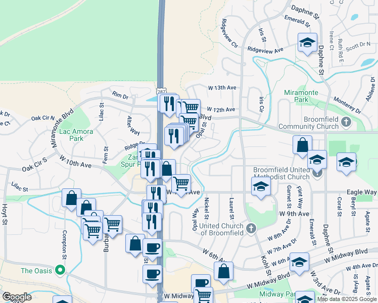 map of restaurants, bars, coffee shops, grocery stores, and more near 1090 Opal Street in Broomfield