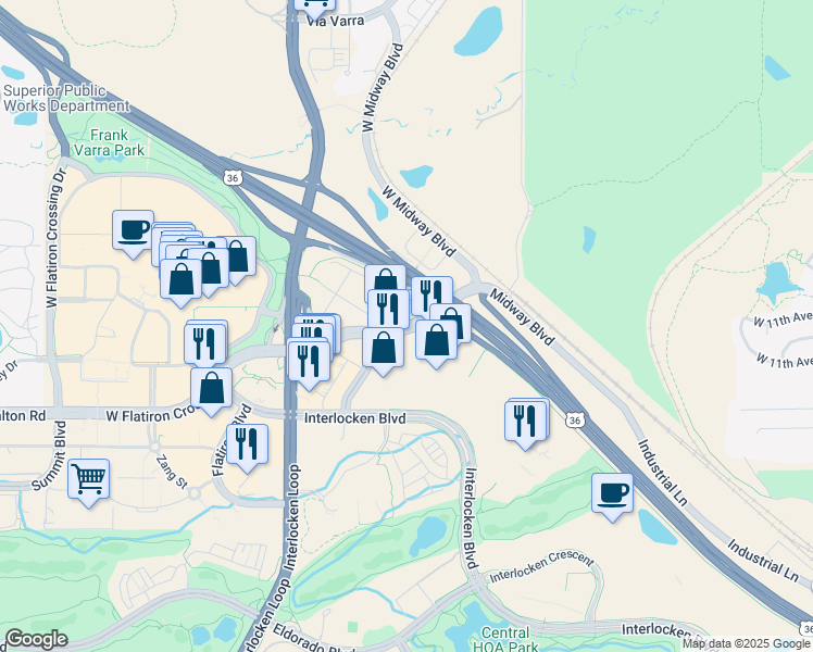 map of restaurants, bars, coffee shops, grocery stores, and more near 271 East Flatiron Crossing Drive in Broomfield