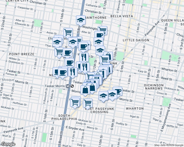 map of restaurants, bars, coffee shops, grocery stores, and more near 1211 Dickinson Street in Philadelphia