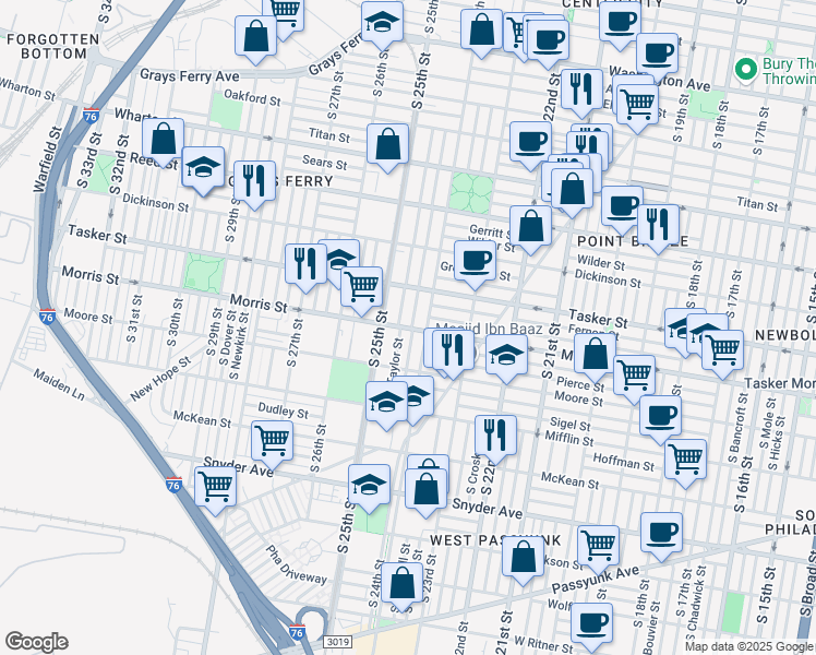 map of restaurants, bars, coffee shops, grocery stores, and more near 1655 South Taylor Street in Philadelphia