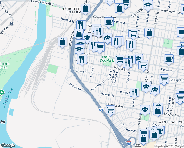 map of restaurants, bars, coffee shops, grocery stores, and more near 1801 South 31st Street in Philadelphia