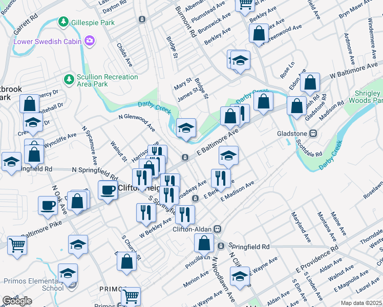 map of restaurants, bars, coffee shops, grocery stores, and more near in Clifton Heights