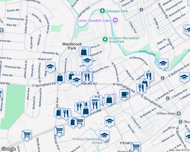 map of restaurants, bars, coffee shops, grocery stores, and more near 257 Revere Road in Clifton Heights