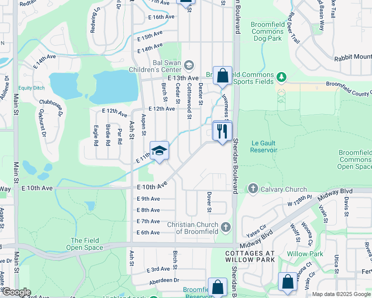 map of restaurants, bars, coffee shops, grocery stores, and more near 1021 Cottonwood Street in Broomfield