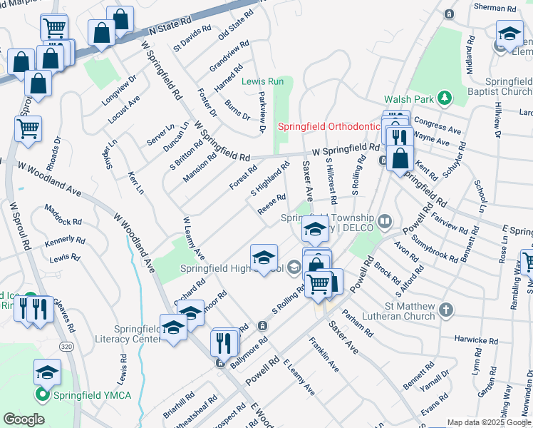 map of restaurants, bars, coffee shops, grocery stores, and more near 179 Reese Road in Springfield