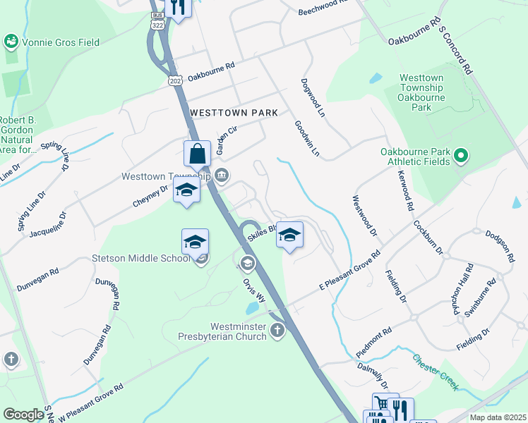 map of restaurants, bars, coffee shops, grocery stores, and more near 120 Gilpin Drive in West Chester