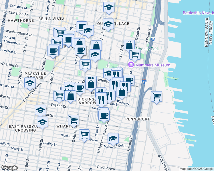 map of restaurants, bars, coffee shops, grocery stores, and more near 337 Earp Street in Philadelphia