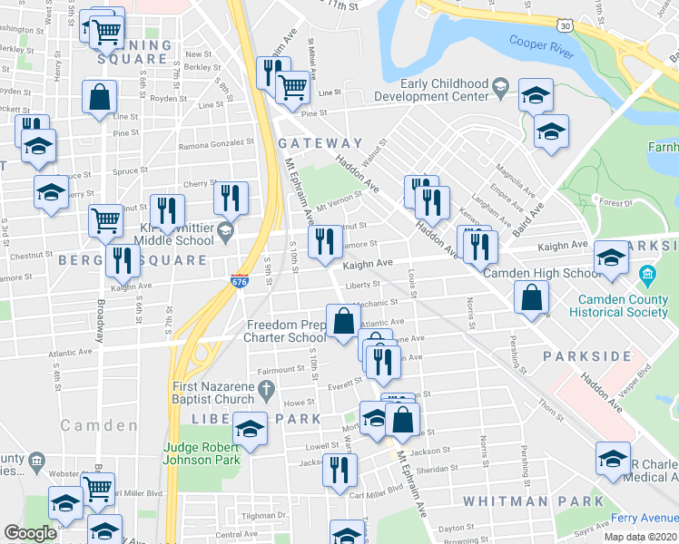 map of restaurants, bars, coffee shops, grocery stores, and more near 1108 Kaighn Avenue in Camden