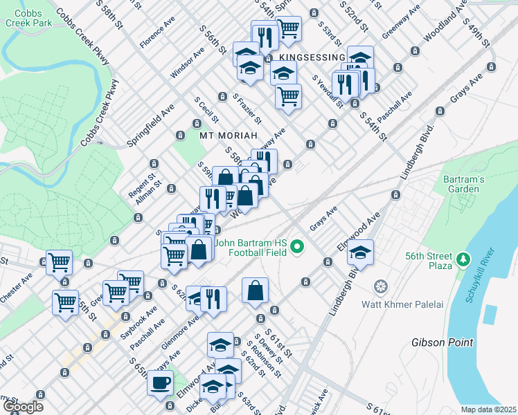 map of restaurants, bars, coffee shops, grocery stores, and more near 5806 Woodland Avenue in Philadelphia