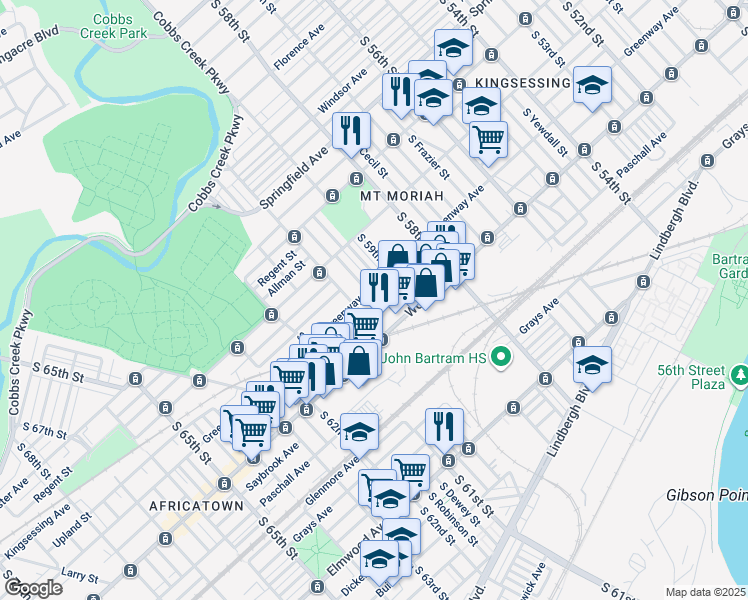 map of restaurants, bars, coffee shops, grocery stores, and more near 5934 Greenway Ave in Philadelphia