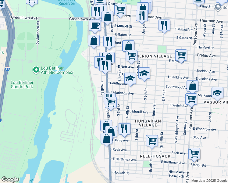 map of restaurants, bars, coffee shops, grocery stores, and more near 30 East Markison Avenue in Columbus