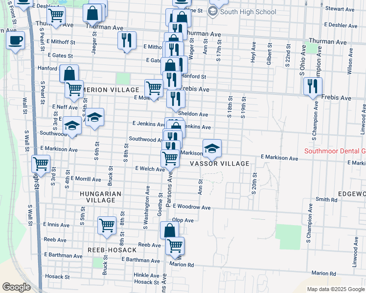 map of restaurants, bars, coffee shops, grocery stores, and more near 478 East Markison Avenue in Columbus