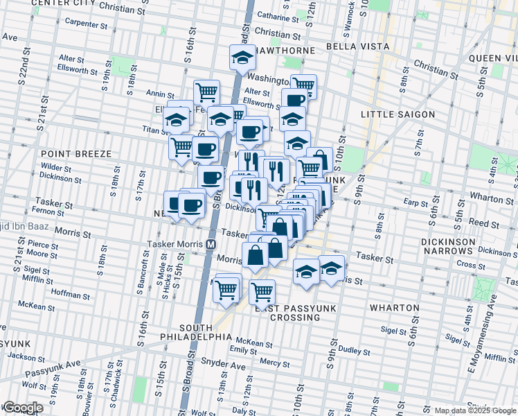 map of restaurants, bars, coffee shops, grocery stores, and more near 1229 Dickinson Street in Philadelphia