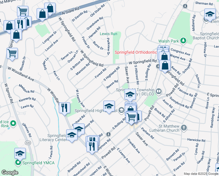 map of restaurants, bars, coffee shops, grocery stores, and more near 179 Reese Road in Springfield