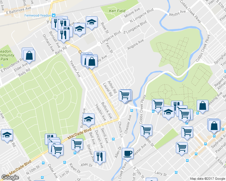 map of restaurants, bars, coffee shops, grocery stores, and more near 826 Arbor Road in Yeadon